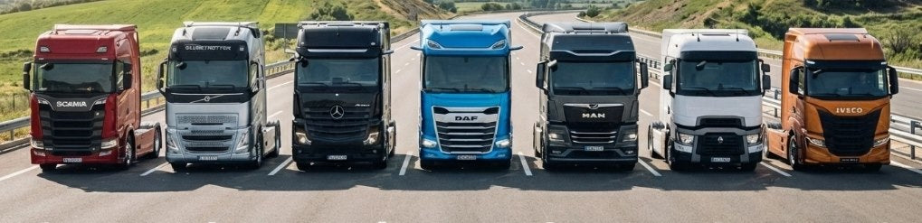 Camiones de Scania, Volvo, Mercedes-Benz, DAF, MAN, Renault e Iveco alineados en carretera